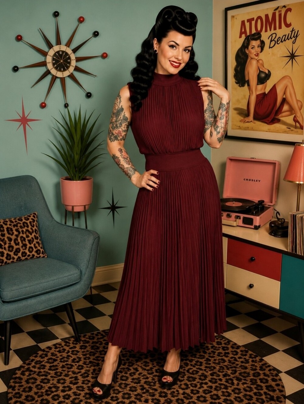 Women’s Burgundy Pleated Midi Dress Pinup NWT